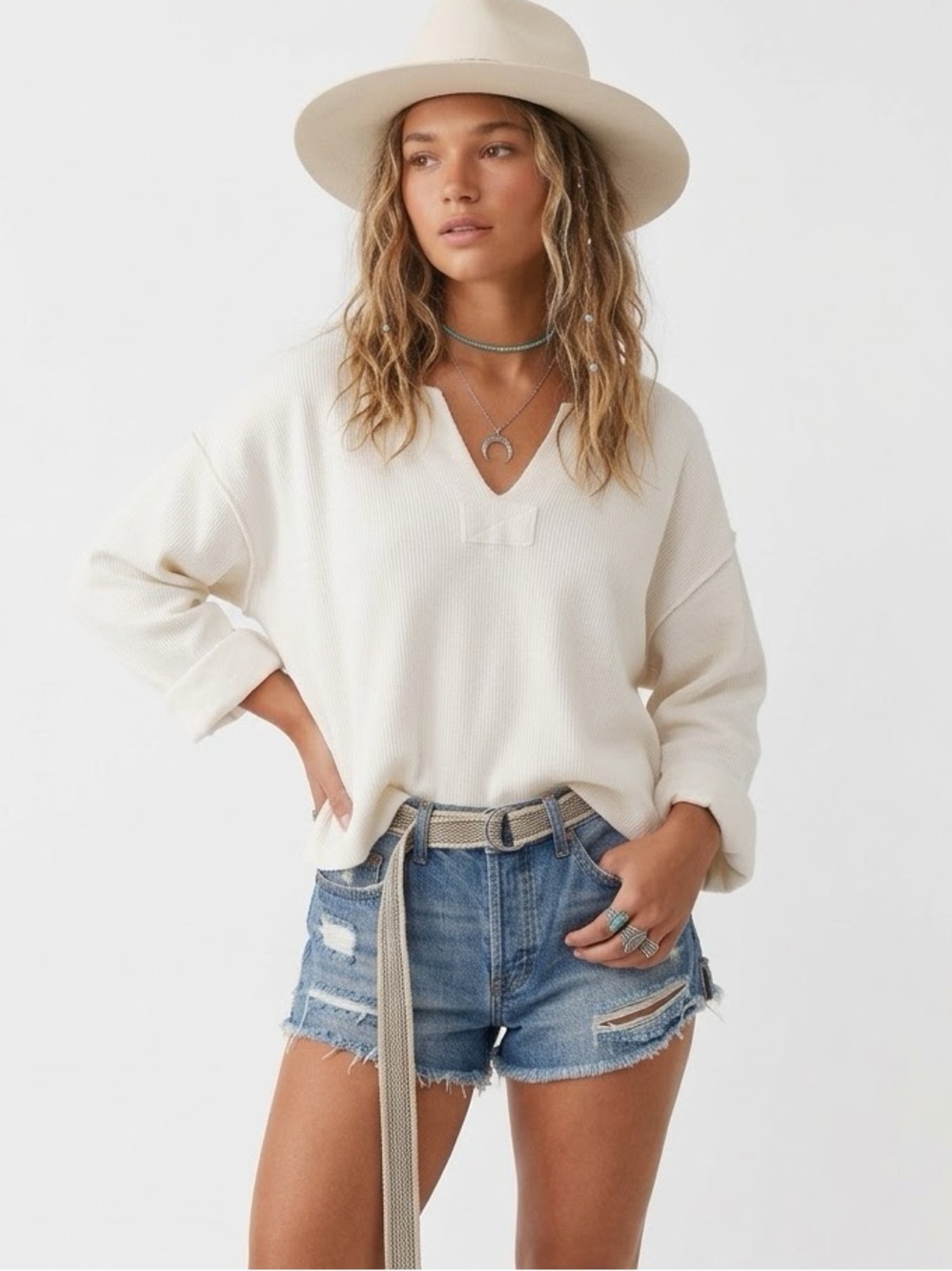 Anthropologie Oversized Ribbed Knit Top Boxy Fit V-Neck Boho Casual Goblincore